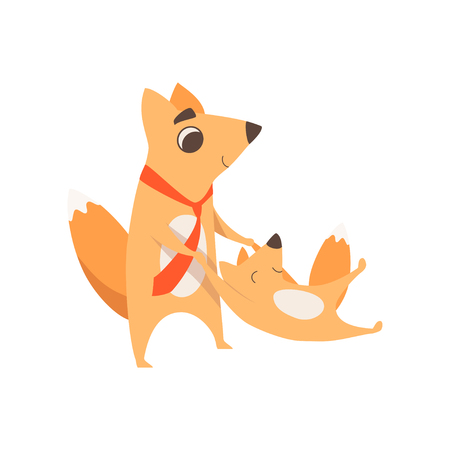 Loving father fox playing with his little baby, animal family, parenting concept vector Illustration isolated on a white background.のイラスト素材