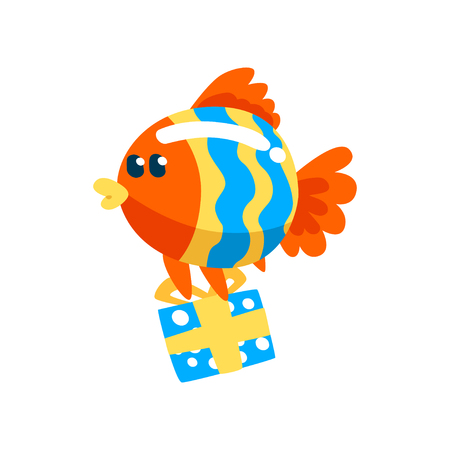 Funny fish with gift box, cute little sea creature character, marine theme design element can be used for kids party invitation, greeting card vector Illustration isolated on a white background.のイラスト素材