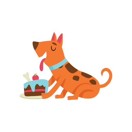 Cute dog eating cake, funny cartoon animal character at birthday party vector Illustration isolated on a white background.のイラスト素材