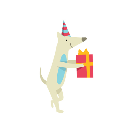 Cute dog in party hat holding gift box, funny cartoon animal character at birthday party vector Illustration isolated on a white background.のイラスト素材