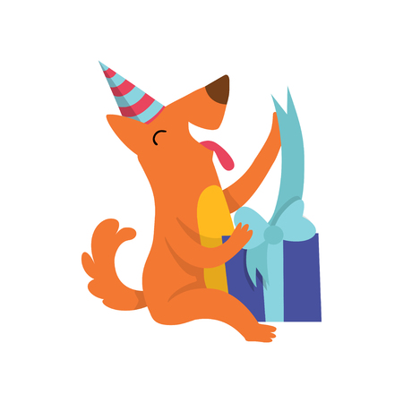 Cute dog in party hat sitting on the floor with a gift box, funny cartoon animal character at birthday party vector Illustration isolated on a white background.のイラスト素材