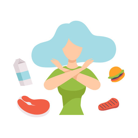 Young beautiful woman refusing unhealthy food, healthy eating, diet, organic vegan food vector Illustration isolated on a white background.のイラスト素材