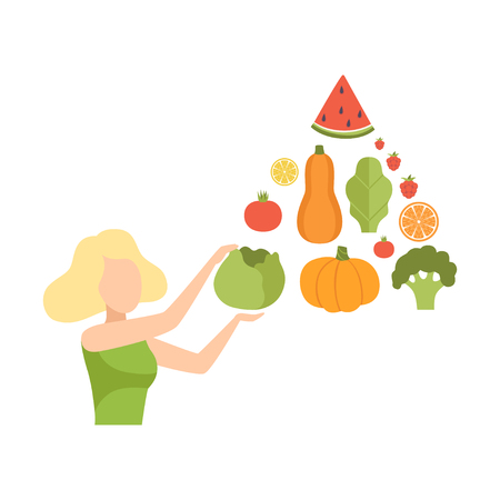 Young woman with a pyramid of vegetables and fruits, healthy eating, diet, organic vegan food vector Illustration isolated on a white background.のイラスト素材
