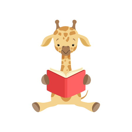 Cute giraffe sitting on the floor and reading book, funny jungle animal cartoon character vector Illustration isolated on a white background.のイラスト素材