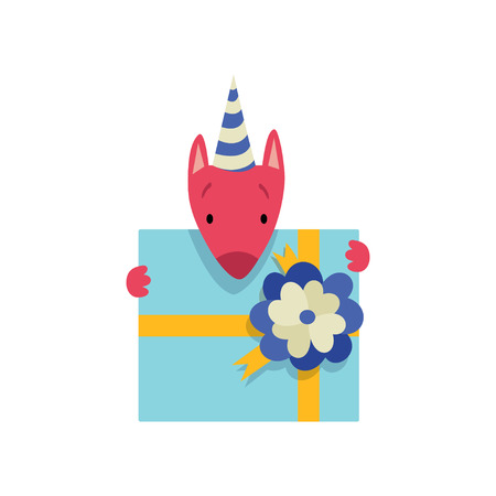 Cute dog in party hat with gift box, funny cartoon animal character at birthday party vector Illustration isolated on a white background.のイラスト素材