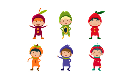 Kids in carnival clothes set, cute little boys and girls wearing fruits and berriess costumes, cherry, orange, blueberry, strawberry, papaya vector Illustration isolated on a white background.のイラスト素材