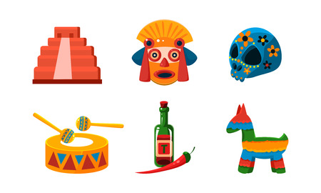 Mexico icons set, Mexican cultural symbols vector Illustration isolated on a white background.のイラスト素材