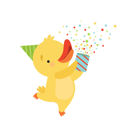 Cute duckling with a party popper, lovely cartoon animal character, design template can be used for New Year or Christmas, Birthday card, banner, poster, holiday decoration vector Illustration isolated on a white background.のイラスト素材