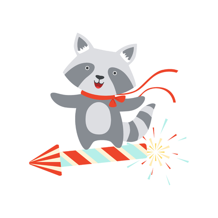 Raccoon flying on a party popper, cute cartoon animal character, design template can be used for New Year or Christmas, Birthday card, banner, poster, holiday decoration vector Illustration isolated on a white background.のイラスト素材