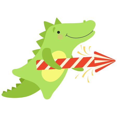 Crocodile with a party popper, cute cartoon animal character, design template can be used for New Year or Christmas, Birthday card, banner, poster, holiday decoration vector Illustration isolated on a white background.のイラスト素材