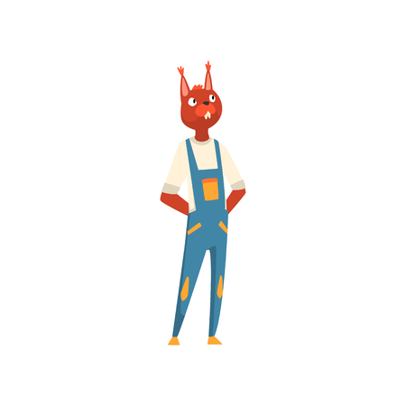 Man with fox head, fashion animal character wearing denim overalls vector Illustration isolated on a white background.のイラスト素材