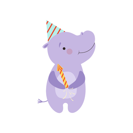 Cute hippo with a party popper, lovely cartoon animal character, design template can be used for New Year or Christmas, Birthday card, banner, poster, holiday decoration vector Illustration isolated on a white background.のイラスト素材