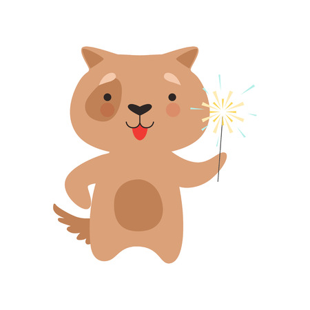 Cute dog with a party sparkler, lovely cartoon animal character, design template can be used for New Year or Christmas, Birthday card, banner, poster, holiday decoration vector Illustration isolated on a white background.のイラスト素材