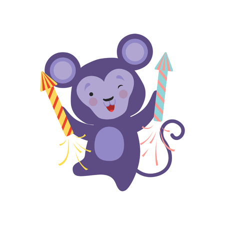Cute monkey with a party popper, lovely cartoon animal character, design template can be used for New Year or Christmas, Birthday card, banner, poster, holiday decoration vector Illustration isolated on a white background.のイラスト素材