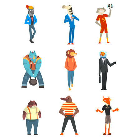 People with animal heads set, wolf, zebra, cat, beaver, rhinoceros, lion, fish, fox characters wearing trendy clothes vector Illustration isolated on a white background.のイラスト素材