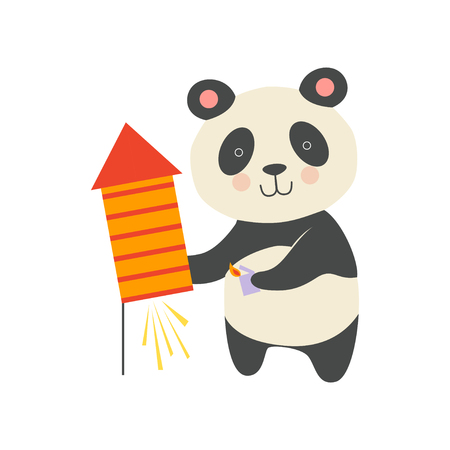 Cute panda bear with a party popper, lovely cartoon animal character, design template can be used for New Year or Christmas, Birthday card, banner, poster, holiday decoration vector Illustration isolated on a white background.のイラスト素材