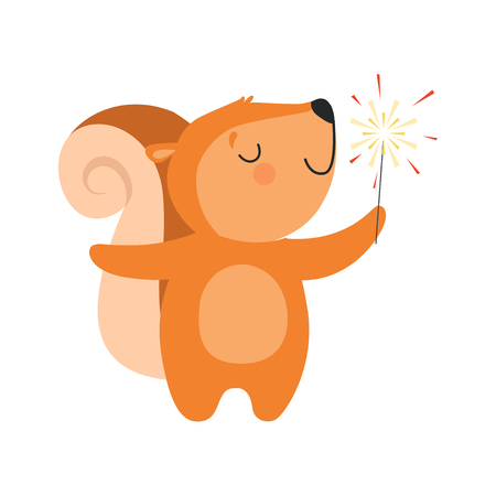 Cute squirrel with a party popper, lovely cartoon animal character, design template can be used for New Year or Christmas, Birthday card, banner, poster, holiday decoration vector Illustration isolated on a white background.のイラスト素材