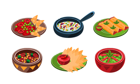 Collection of Mexican traditional food dishes vector Illustration isolated on a white background.のイラスト素材