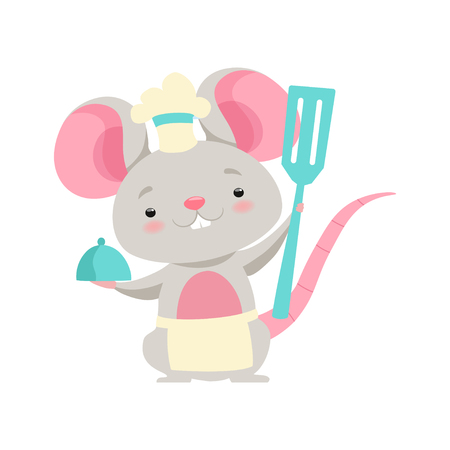 Cute mouse chef holding a spatula, funny animal cartoon character vector Illustration isolated on a white background.のイラスト素材