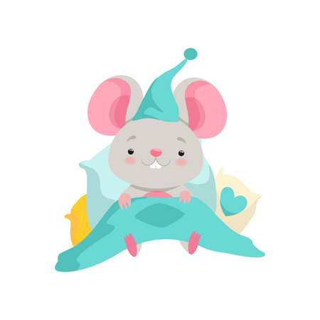 Cute mouse in a nightcap lying in bed, funny animal cartoon character vector Illustration isolated on a white background.のイラスト素材