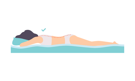 Woman lying on her stomach, correct sleeping posture for neck and spine, healthy sleeping position, orthopedic mattress and pillow vector Illustration isolated on a white background.のイラスト素材
