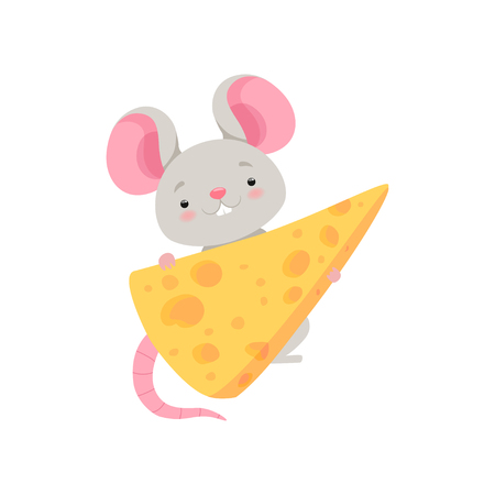 Cute mouse with cheese, funny animal cartoon character vector Illustration isolated on a white background.のイラスト素材