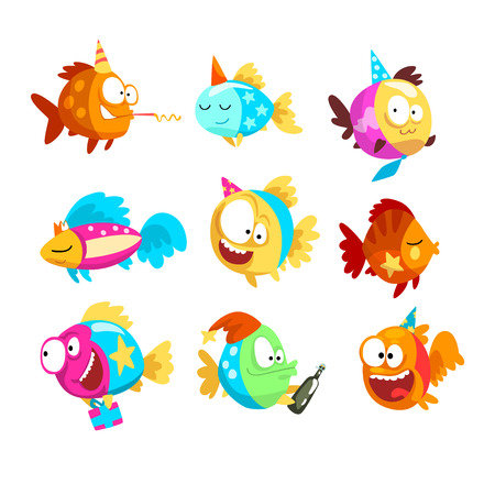 Funny fishes set, little colorful sea creatures characters, marine theme design elements can be used for kids party invitation, greeting card vector Illustration isolated on a white background.のイラスト素材