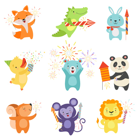 Cute animals with party poppers set, lovely cartoon animal characters celebrating, design template can be used for New Year or Christmas, Birthday card, banner, poster, holiday decoration vector Illustration isolated on a white background.のイラスト素材