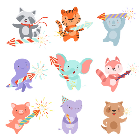 Cute animal characters with party poppers set, design template can be used for New Year or Christmas, Birthday card, banner, poster, holiday decoration vector Illustration isolated on a white background.のイラスト素材