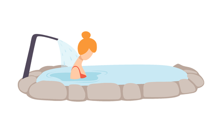 Young woman enjoying spa massage in thermal spring, girl relaxing in hot water in bath tub vector Illustration isolated on a white background.のイラスト素材
