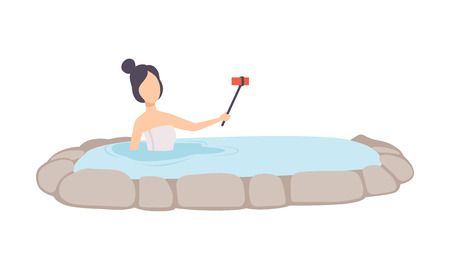 Girl taking selfie while enjoying outdoor thermal spring, young woman relaxing in hot water in bath tub vector Illustration isolated on a white background.のイラスト素材