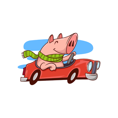 Smiling pig riding red car. Cute humanized animal in green scarf. Funny cartoon character. Graphic element for children book or poster. Colorful vector illustration isolated on white background.のイラスト素材