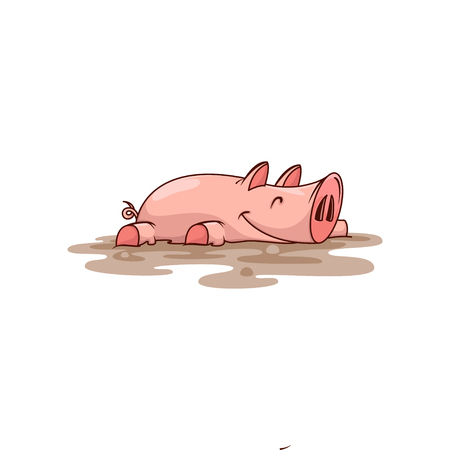 Happy pink pig lying in dirt. Farm animal. Domestic creature. Cartoon character with contented muzzle. Graphic element for children book. Colorful vector illustration isolated on white background.のイラスト素材