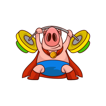 Pig superhero holding barbell above his head. Farm animal in blue shorts and red mantle. Cartoon vector designのイラスト素材