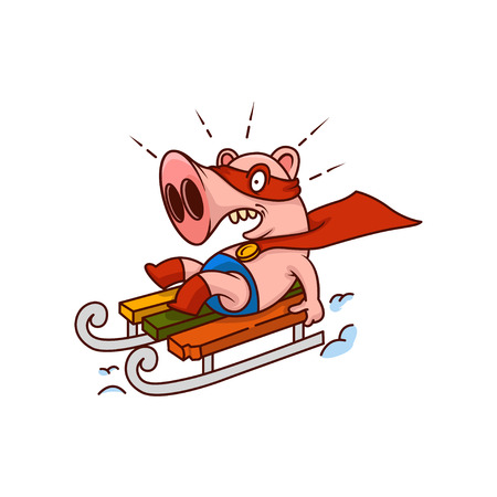 Pig superhero fast riding on sleigh. Humanized animal with scared face. Funny cartoon character. Vector iconのイラスト素材