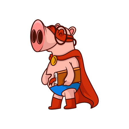 Smiling pig superhero holding book. Humanized animal in glasses, red mask and mantle. Cartoon vector designのイラスト素材