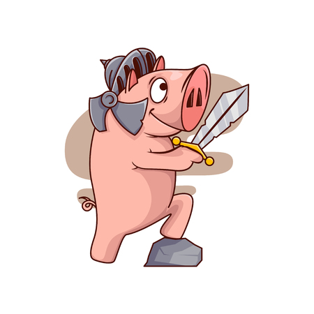Pig knight standing with one leg on stone and holding sword. Humanized animal in metal helmet. Cartoon vector designのイラスト素材