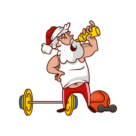 Santa Claus drinking water, resting after workout with barbell. Old bearded man in white shirt, red hat and pants. Cartoon character. Sports theme. Colorful vector design isolated on white background.のイラスト素材