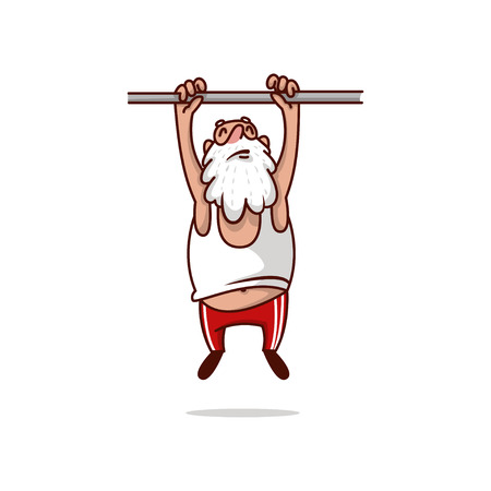 Fat Santa Claus hanging on crossbar and trying to pulling up. Old man with gray beard. Physical activity. Cartoon character. Sports theme. Colorful vector illustration isolated on white background.のイラスト素材