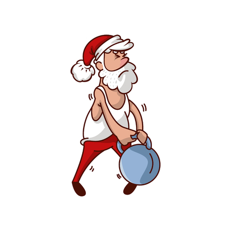 Santa Claus trying to lifting heavy kettlebell. Cartoon character of sportsman. Old bearded man in red hat. Graphic element for poster or banner. Colorful vector design isolated on white background.のイラスト素材
