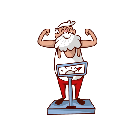 Illustration of cheerful Santa Claus standing on scales and showing his biceps. Old bearded man with happy face. Cartoon character. Sports theme. Colorful vector design isolated on white background.のイラスト素材