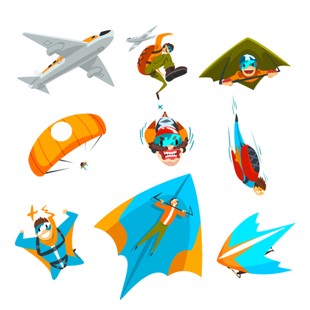 Skydivers flying with parachutes, wingsuits, hang gliders set, extreme parachuting sport, skydiving vector Illustration isolated on a white background.のイラスト素材