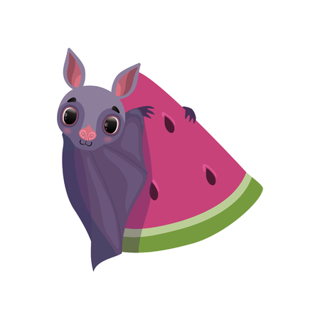 Cute bat with piece of watermelon, funny creature cartoon character vector Illustration isolated on a white background.のイラスト素材