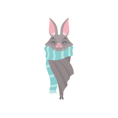 Cute bat wearing blue knitted scarf, gray funny creature cartoon character vector Illustration isolated on a white background.のイラスト素材