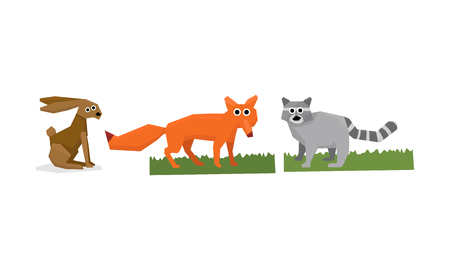 Collection of cute geometric animals, hare, fox, raccoon vector Illustrationのイラスト素材