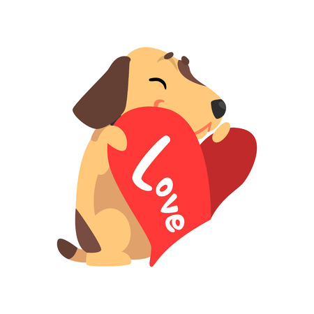 Funny smiling Jack Russell Terrier dog holding red heart, cute Valentine animal character vector Illustration isolated on a white background.のイラスト素材