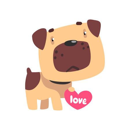 Funny Pug dog holding pink heart, cute Valentine animal character vector Illustration isolated on a white background.のイラスト素材