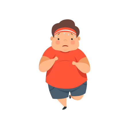 Overweight sweaty boy running, cute chubby child cartoon character vector Illustration isolated on a white background.のイラスト素材