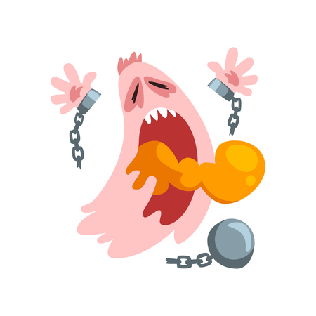 Funny ghost in chains, colorful fabulous creature cartoon character vector Illustration isolated on a white background.のイラスト素材