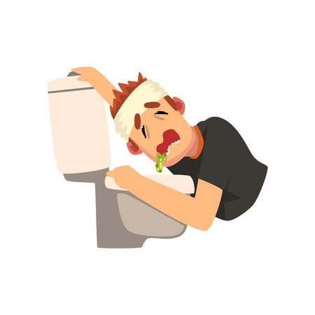 Man vomiting into the toilet bowl, sick unhappy man character vector Illustration isolated on a white background.のイラスト素材